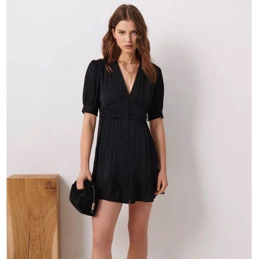 Ba&sh Daniela Black Jacquard V-Neck Button Front Mini Dress Size Small
